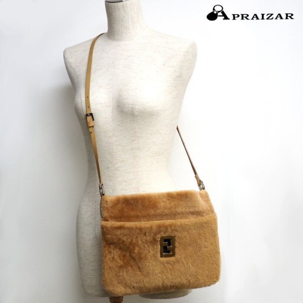 FENDI Shearling Fur Leather Shoulder Bag Brown Crossbody